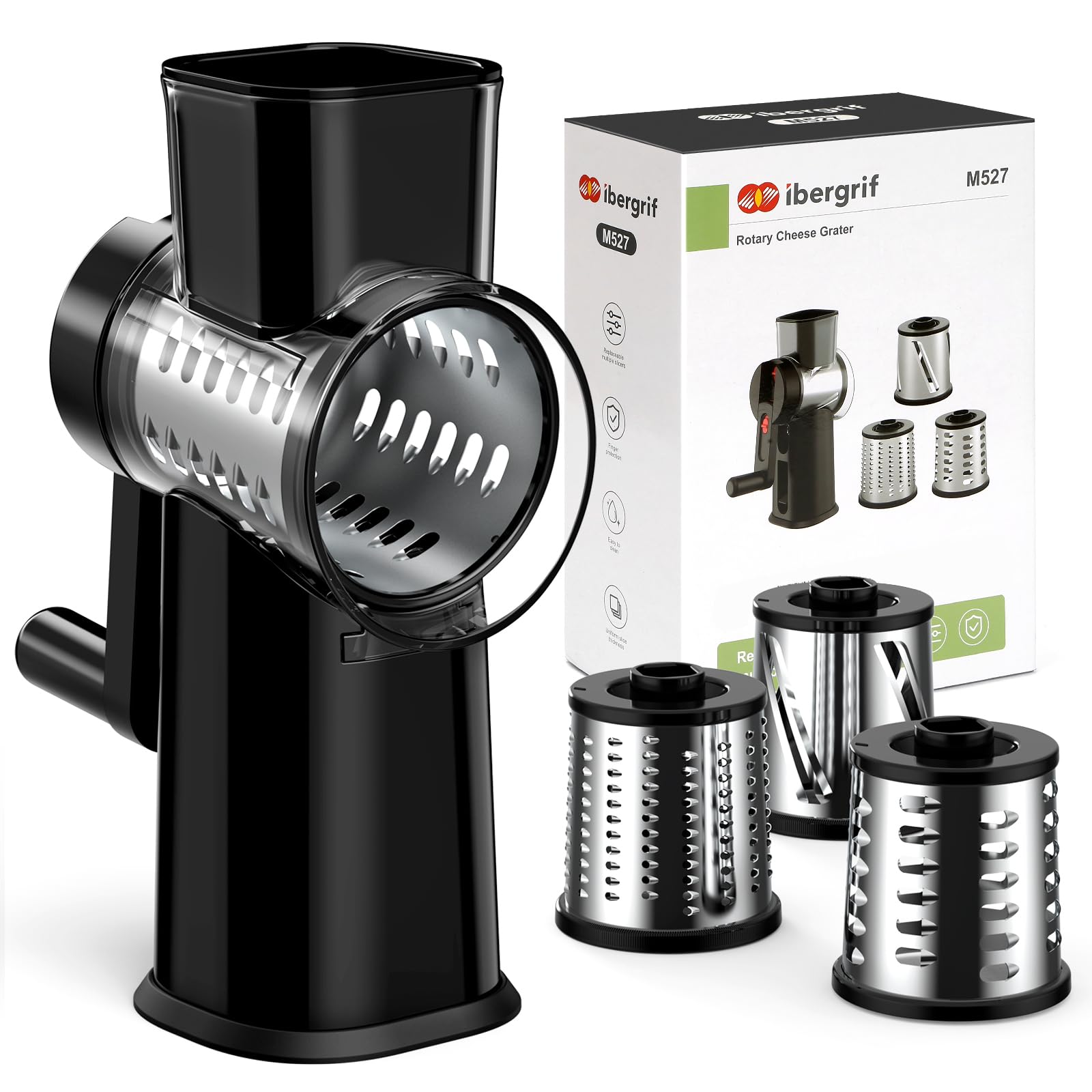 Ibergrif Rotary Cheese Grater with Suction Base – Manual Vegetable Slicer Mandoline, 3 Blades for Slicing, Shredding and Grating, BPA Free, Black