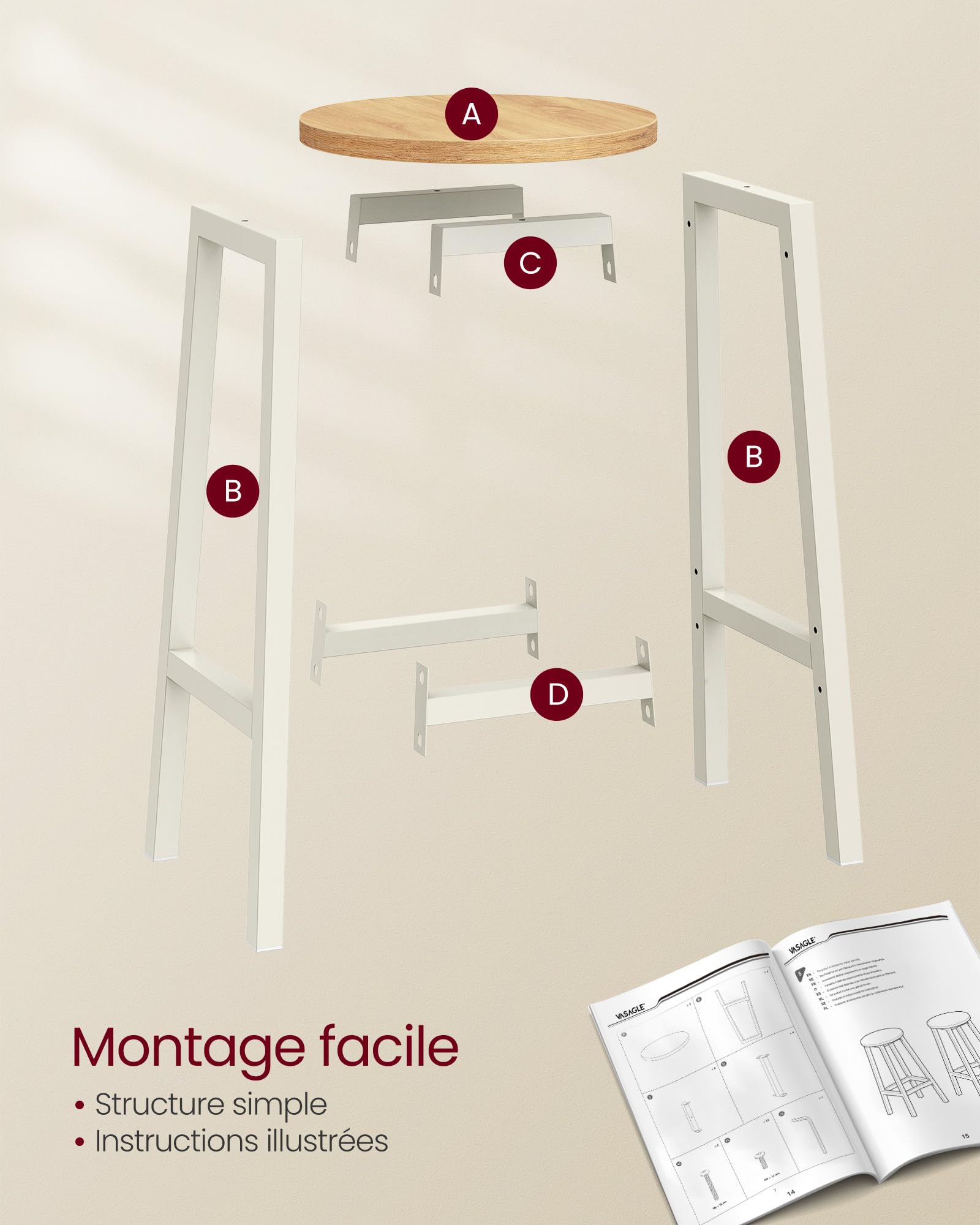 VASAGLE Ensemble Table Haute avec 2 Tabourets de Bar, Table de Bar Carrée, Table de Cuisine, Chaises de Bar, Chaise de Cuisine, Cadre en Métal, Montage Facile, Couleur Chêne Beige et Blanc LBT030W09