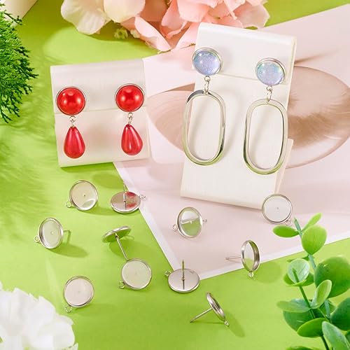 Miniatura 3 de Pandahall - 100 aretes de acero inoxidable con ajuste de cabujón de 0.472 pulgadas (0.472 in), bandeja de bisel redonda plana con lazo para hacer