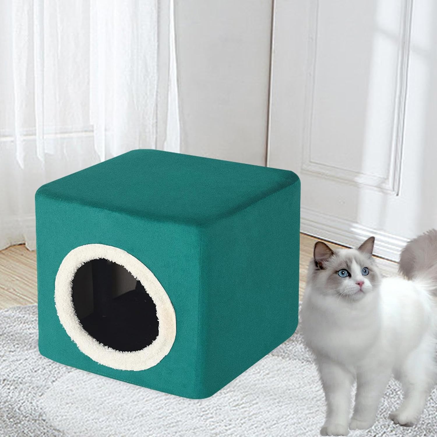 review Cat House Cat Bed for Indoor Cats Cat Hideaway Furniture Sturdy Kitty Cube Pet Condo for Pet Supplies Kitty Resting Sleeping, Dark Green