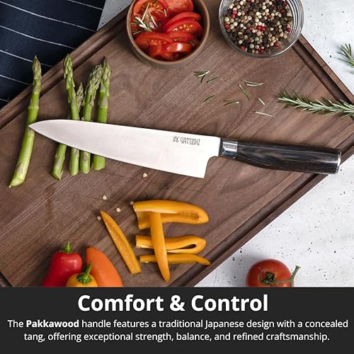 Miniatura 5 de Yatoshi - Cuchillo de chef  Acero inoxidable de alto carbono ultra afilado, espiga oculta con asas de madera de Pakka