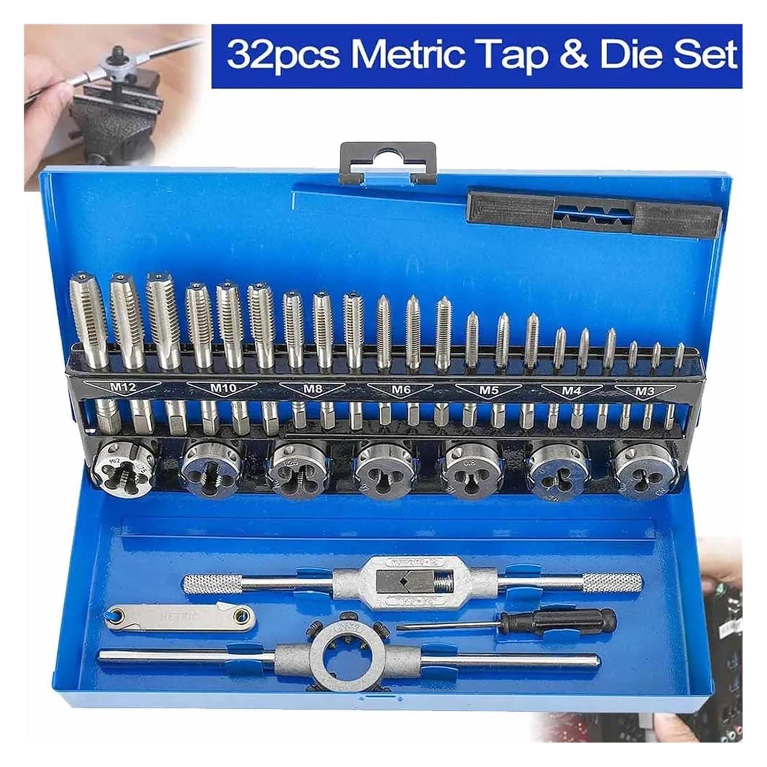 32pcs Screw Thread Hand Metric Tap Wrench and Die Set/Hand Threading Tool Tungsten Carbide Tool Bit Set