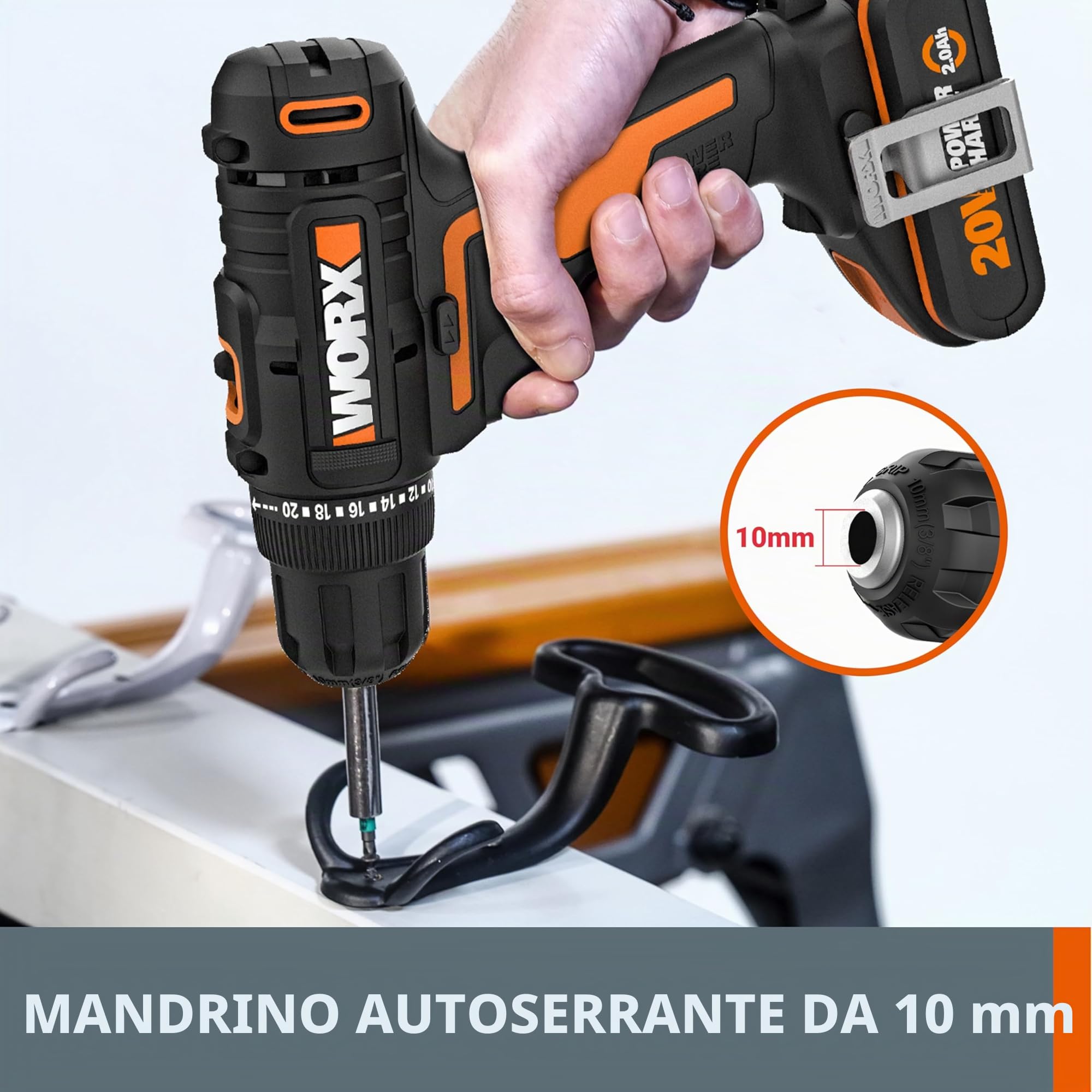 WORX WX100.9 Trapano avvitatore a batteria 20 V – 20 + 1 livello di coppia fino a 30 Nm – Velocità variabile – Luce LED – Senza batteria e caricabatterie