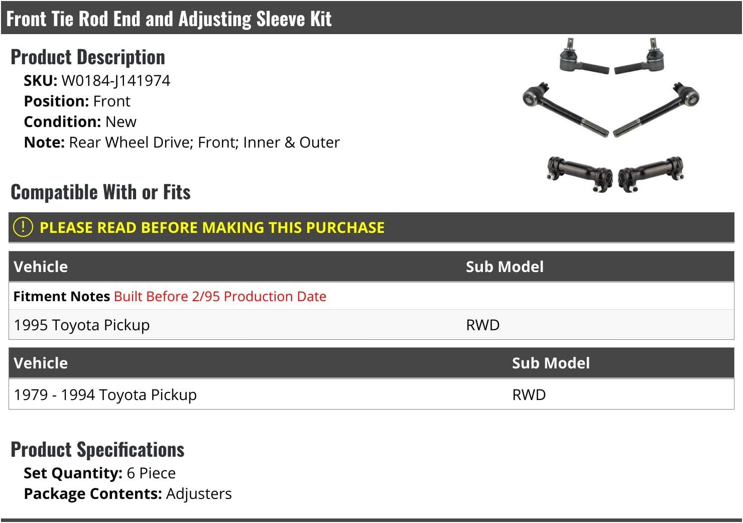 Front Inner and Outer Tie Rod End and Adjusting Sleeve Kit - 6 Piece - Compatible with 1979-1995 Toyota Pickup RWD (Up To 02/00/1995)