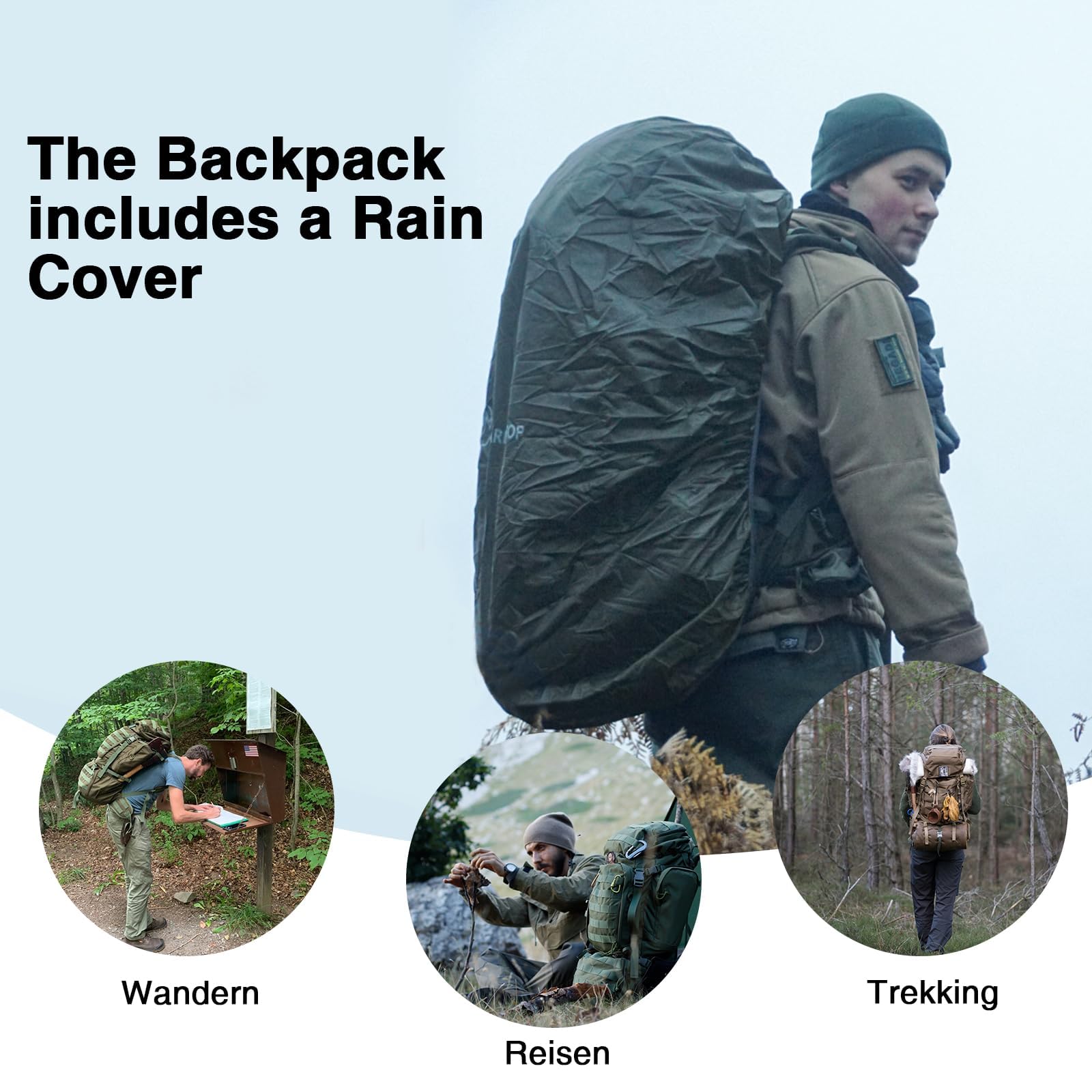 Mardingtop 60 Liter Taktischer Rucksack mit Regenhülle Großer Trekkingrucksäcke Erweiterbar Outdoor Rucksack Wanderrucksäcke für Reisen, Camping