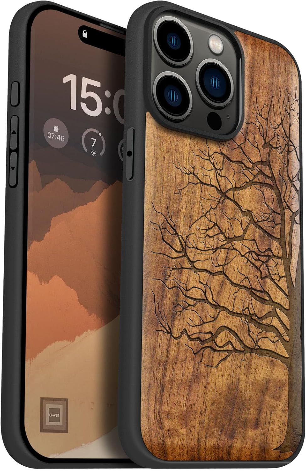 Carveit Magnetic Wooden Case for iPhone 15 Pro Max Case, Compatible with MagSafe Wireless Chargers, Black Soft TPU Shockproof Cover & Wood Artisan Engraved (Eternal Tree) - Walnut