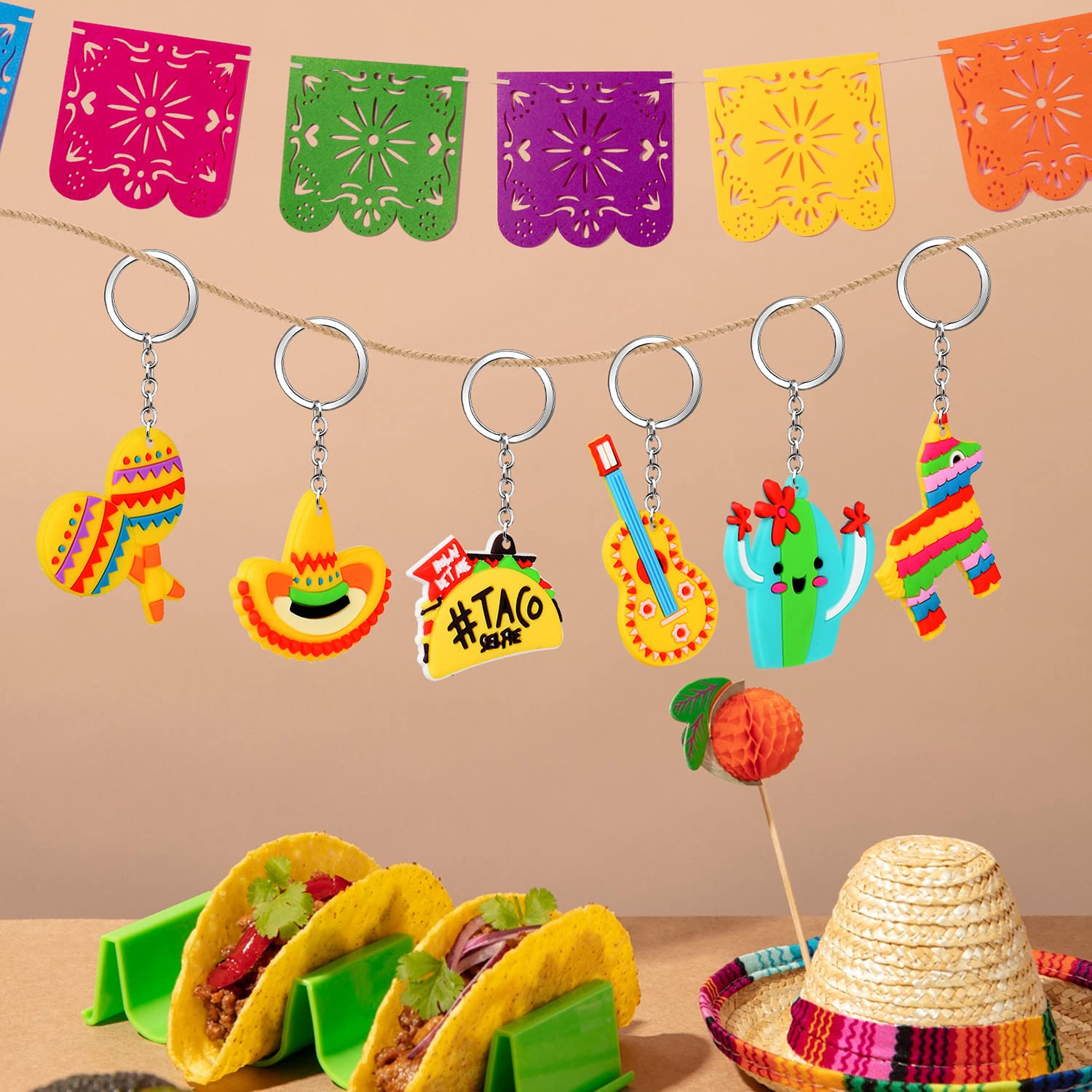 Mexican Fiesta Keychains - Cinco De Mayo Donkey Maraca Sombrero Taco Guitar Cactus Keychains