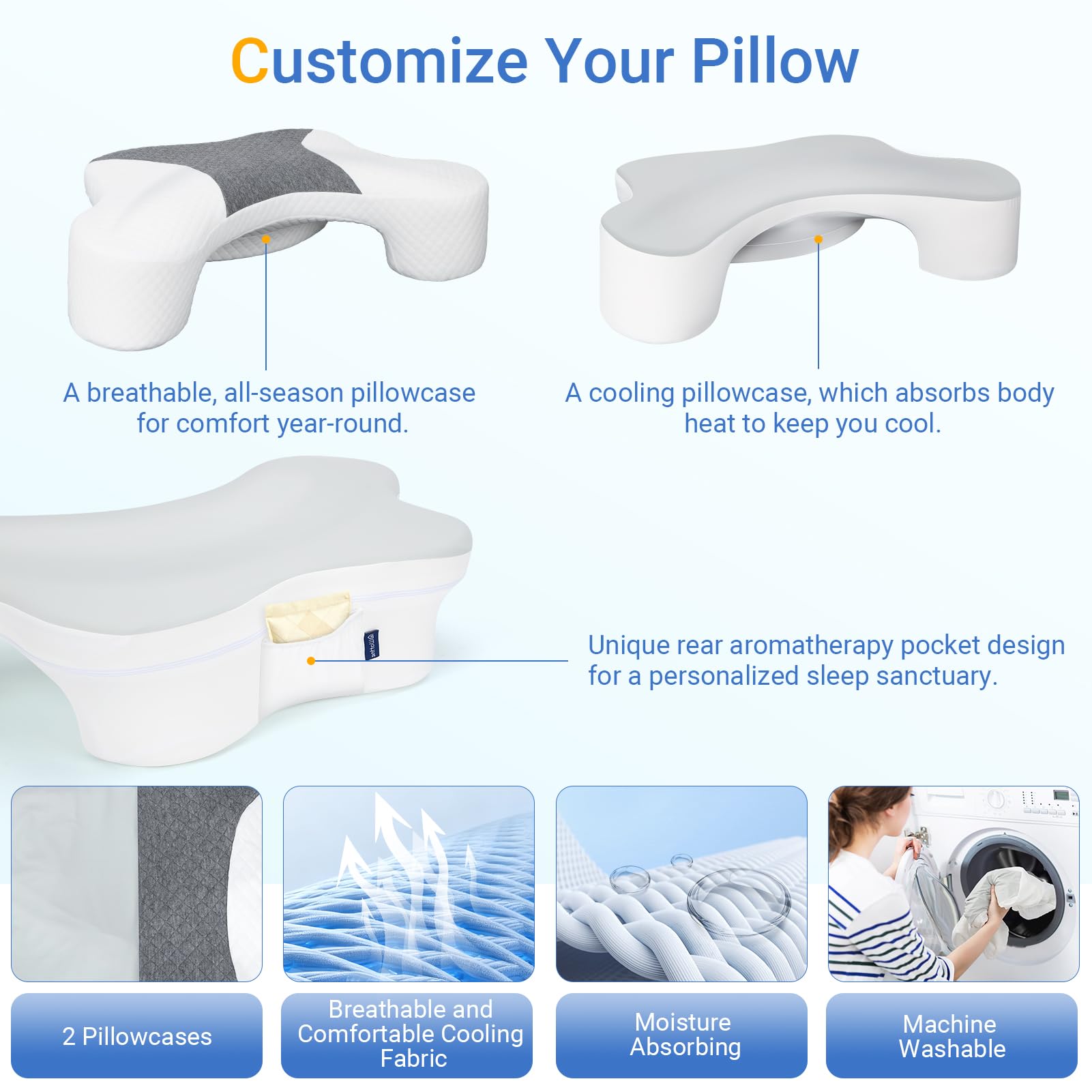 Side Sleeper Pillows with Arm Holes- Memory Foam Shoulder Pillow for Side Sleepers Neck Support & Rotator Cuff Pain Relief, 2PCS Pillowcase, Ergonomic Knee, Leg, Arm Pillow for Adults (Light Grey) — view 6