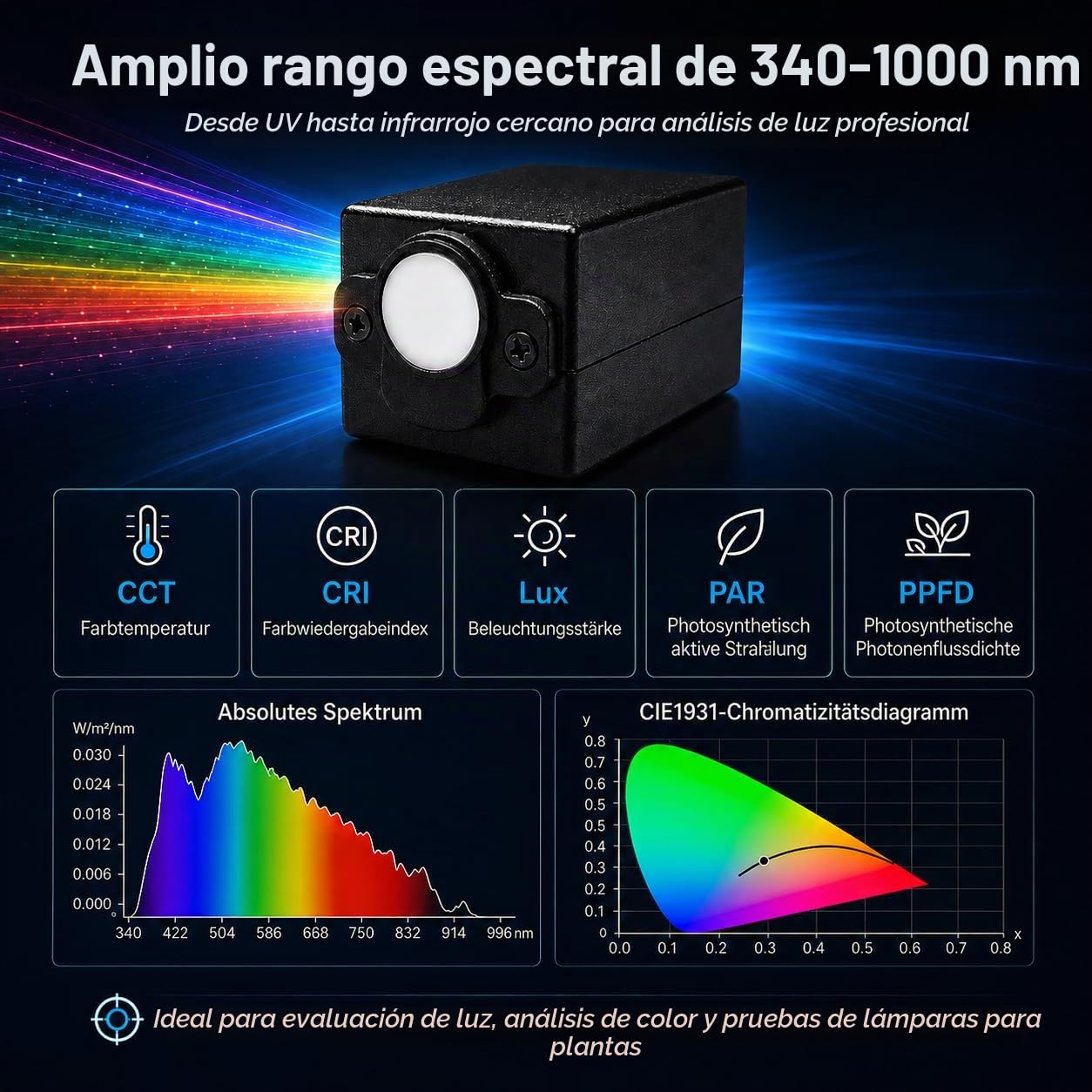 Espectrómetro de Mano para Medición de Luz, 340-1000nm Espectro Portátil-Medidor de Iluminación, Análisis en Tiempo Real de CCT-CRI-PAR-PPFD, Probador de Luz LED para Plantas con APP y Software para P
