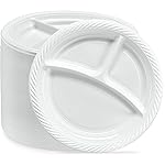 PLASTICPRO 9 inch Round Plastic Plates 3 Compartment - 3 Section Plates Microwaveable, Disposable, White, Dinnerware 400 Count