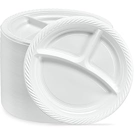 PLASTICPRO 9 inch Round Plastic Plates 3 Compartment - 3 Section Plates Microwaveable, Disposable, White, Dinnerware 400 Count