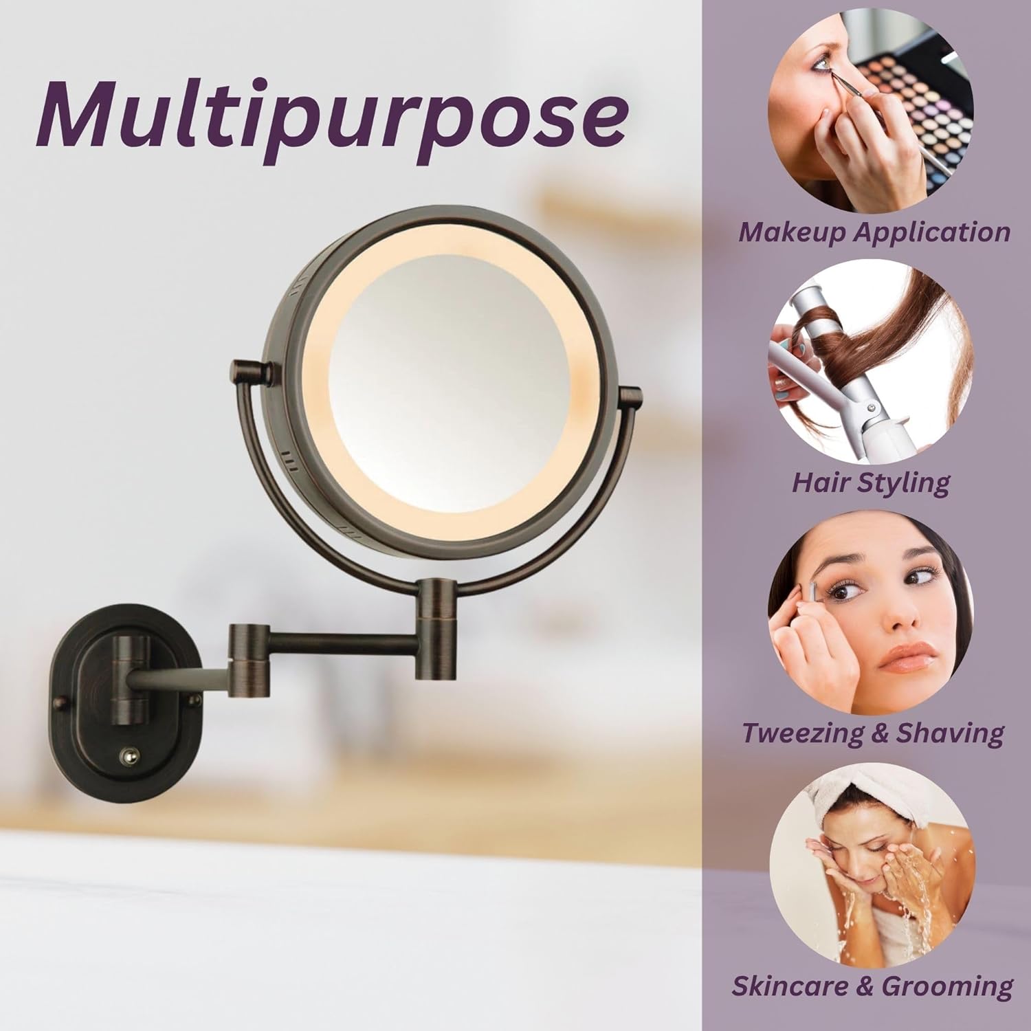 JERDON Wall-Mounted Magnifying Mirror with LED Lights - Lighted Makeup Mirror with 5X Magnification - Plug in - Bronze Finish, Model HL65BZ
