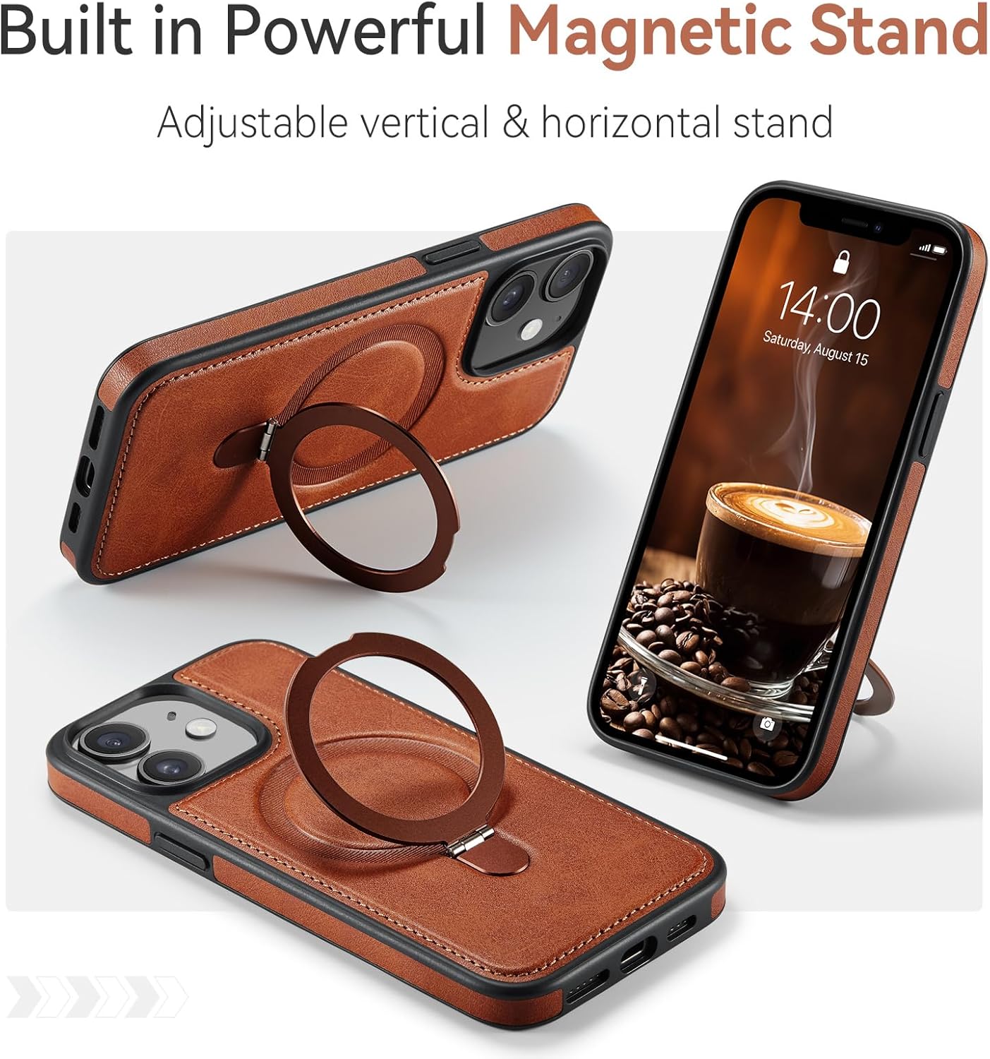for iPhone 12/12 Pro Case with Stand, Compatible with MagSafe, Slim PU Leather & TPU Drop-Proof Protective Magnetic Kickstand Phone Cases with Tempered Glass Screen Protector 6.1", Brown