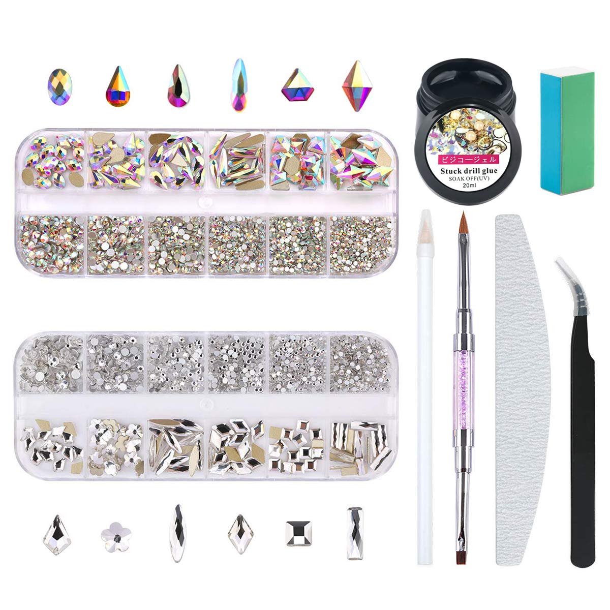 Nibiru Round & Multi-Shape Rhinestone Set for Nail Art, Mix 12 Styles FlatBack Crystals 3D Decorations Nail Gems, Crystal Clear and Crystal AB rhinestones (180pcs Shaped + 3312pcs Round with Glue)