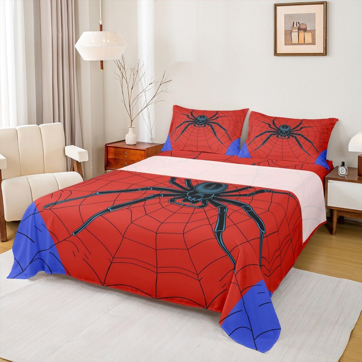 Spider Web Kids Sheet Queen Size,Black Spider Arachnid Insect Animals Bedding Set,Boys Girls Women Men Room Decor,Happy Halloween Red Blue Fashion Bed Sheet Set 4pcs(Fitted + Flat + 2 Pillowcases)