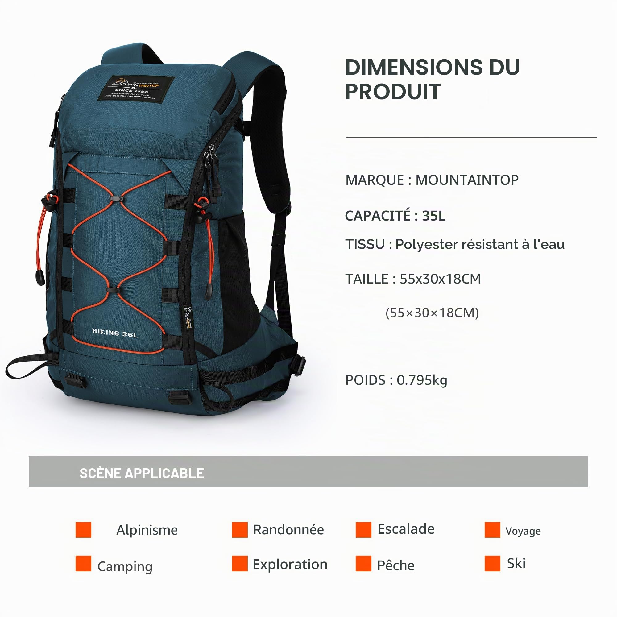 MOUNTAINTOP 35L Wanderrucksack Trekkingrucksack Outdoor Rucksack mit Regenhülle 55x30x18cm