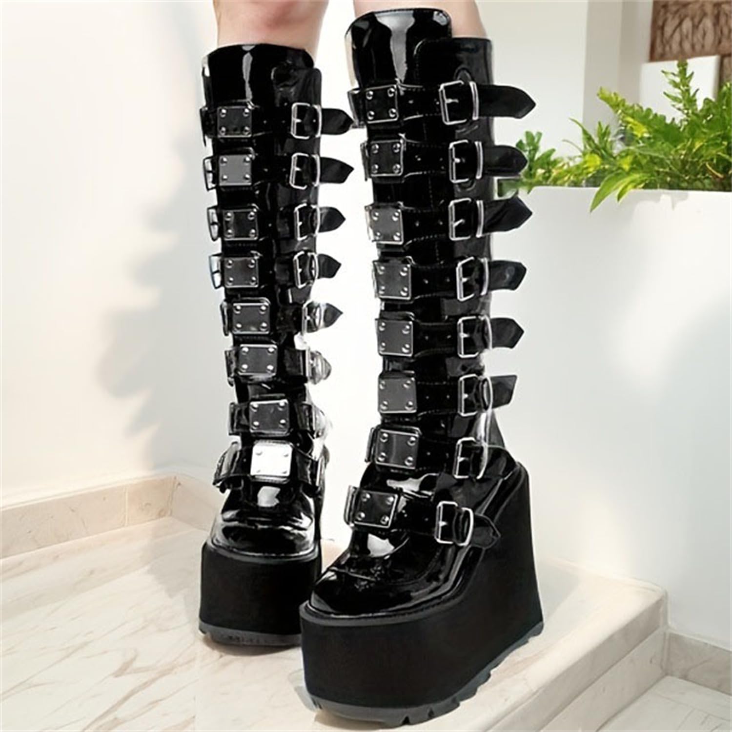 Stivali Donna Stivali con Plateau Punk Gotico Zeppe Stivali Alti Al Ginocchio Stivali con Zeppa Goth Stivali Invernali Stivali da Cavaliere con Cerniera Stivali con Tacco Grosso
