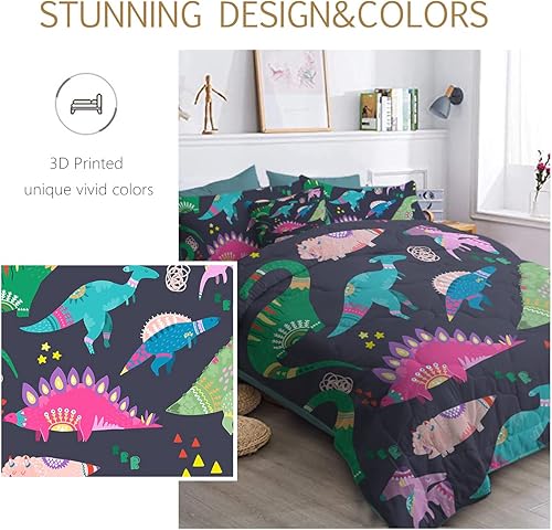 Miniatura 5 de BlessLiving - Cama de dinosaurio para niños en una bolsa, 8 piezas, juego de cama con edredón colorido - 1 edredón, 2 fundas de almohada, 1 sábana