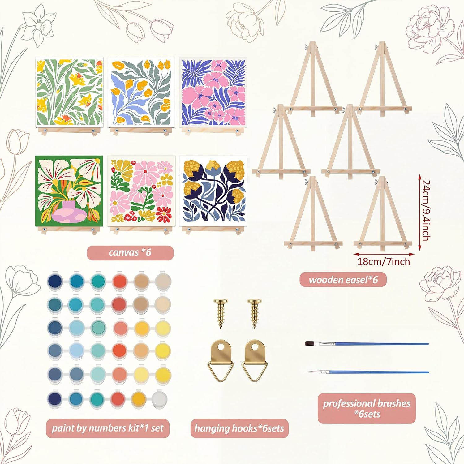 YooNotee 6 Pack Flowers Paint by Numbers Kit on Canvas with Wooden Easels & Brushes, 8x8 Inch Canvas Art Set for Adults DIY Flowers Acrylic Painting for Home Wall Decor