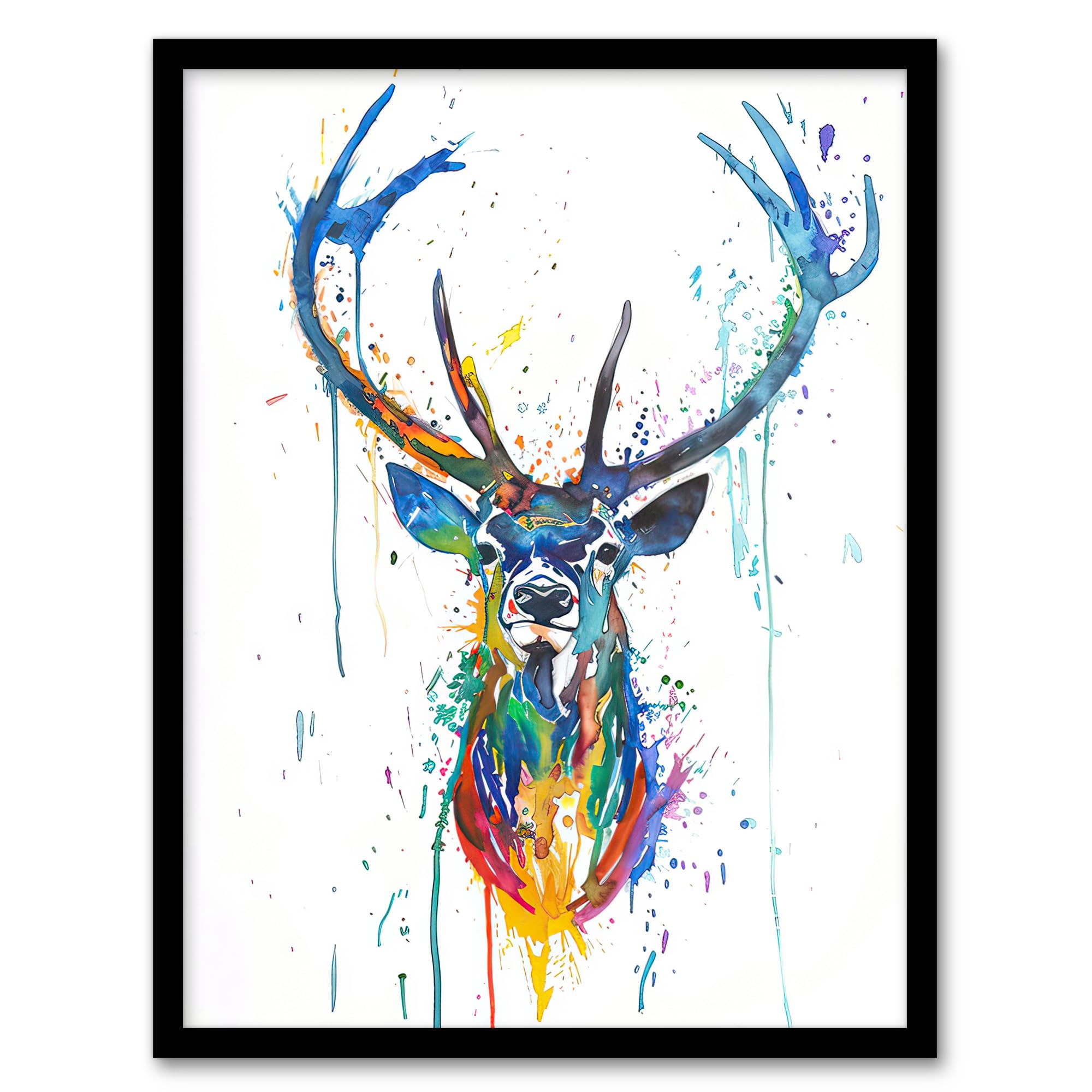 Artery8 Deer Stag Colourful Ink Splat Bright Portrait Living Room Artwork Framed Wall Art Print 18X24 Inch