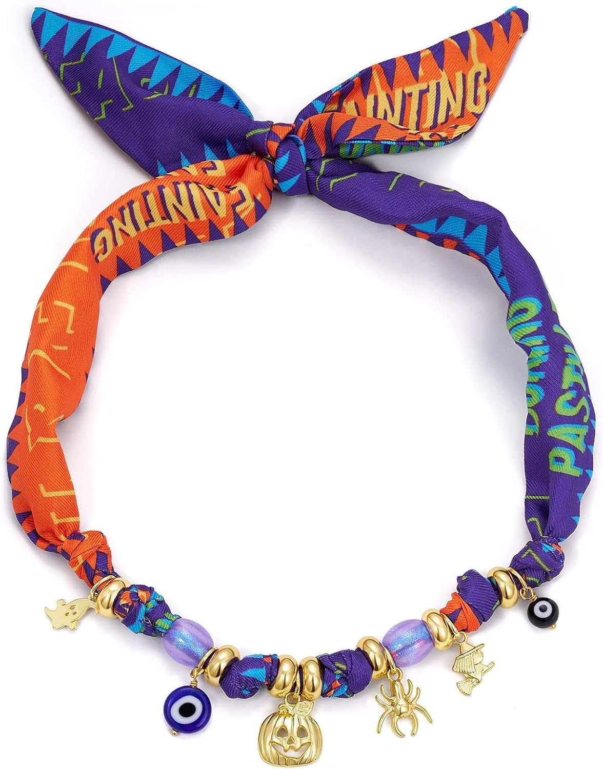 KissYan Halloween Scarf Charm Necklace, Dainty Bandana Necklace with 14K Gold Plated Pumpkin Witch Pendant Choker Halloween Costume Party Jewelry for Women