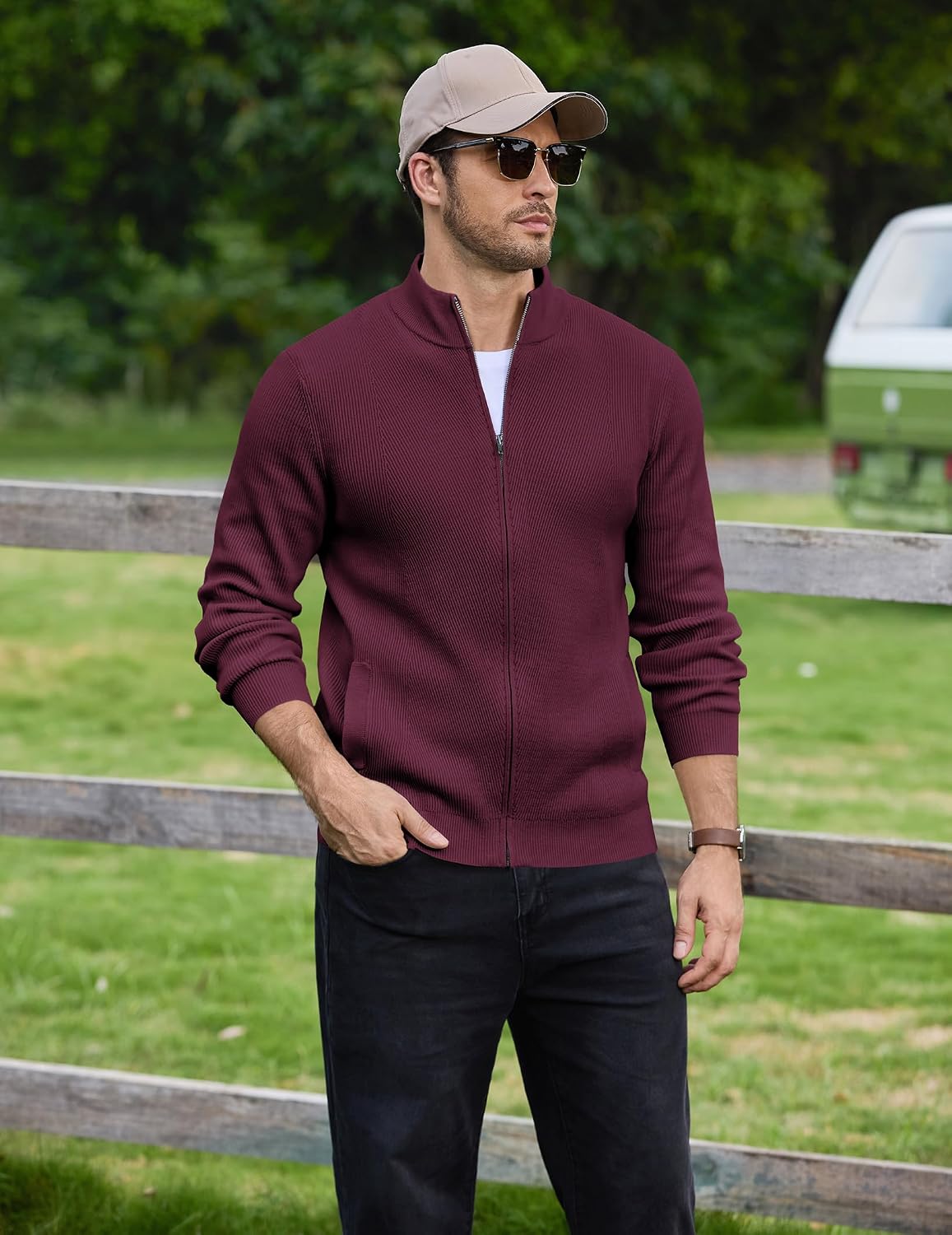 COOFANDY Men Full Zip Cardigan Sweater Zip Up Casual Sweaters Knit Stand Collar Cardigans with Pockets