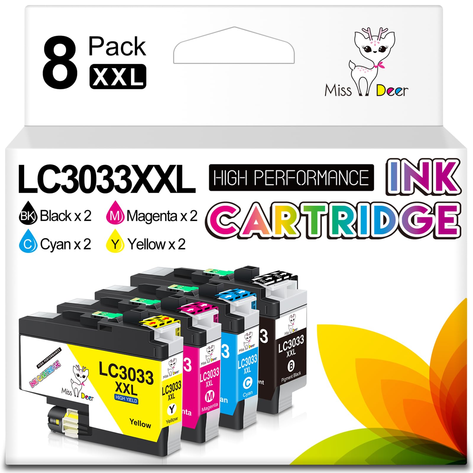 MS DEER LC3033 BK/C/M/Y Ink Cartridges Compatible Replacement for Brother LC3033XXL LC 3033 XXL LC3035 3035 High Yield Work for Brother MFC-J995DW MFC-J805DW MFC-J815DW MFCJ995DW Printer 8-Pack