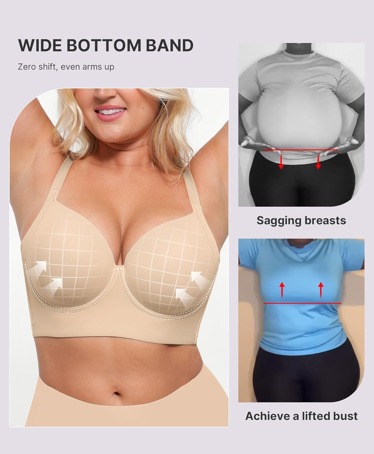 SHAPELLX Back Smoothing Bras for Women Push Up Underwire Comfortable Bralettes Side Support Bras