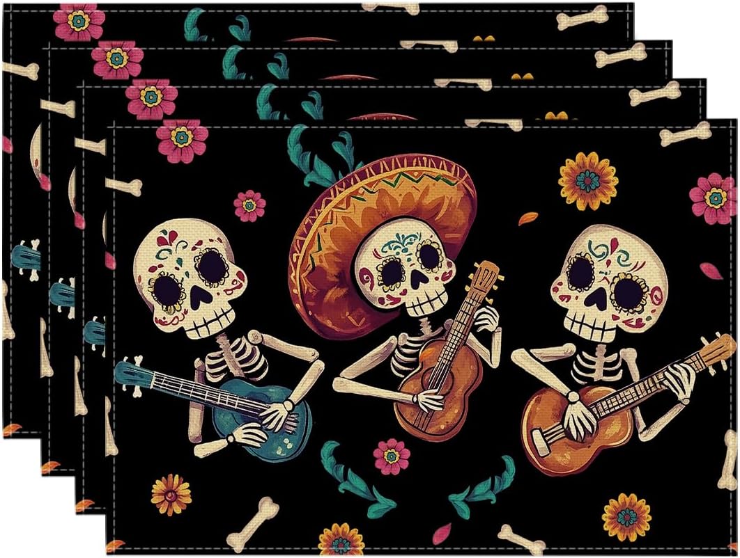 Artoid Mode Sugar Skull Day of the Dead Placemats Set of 4-12 x 18 Inch