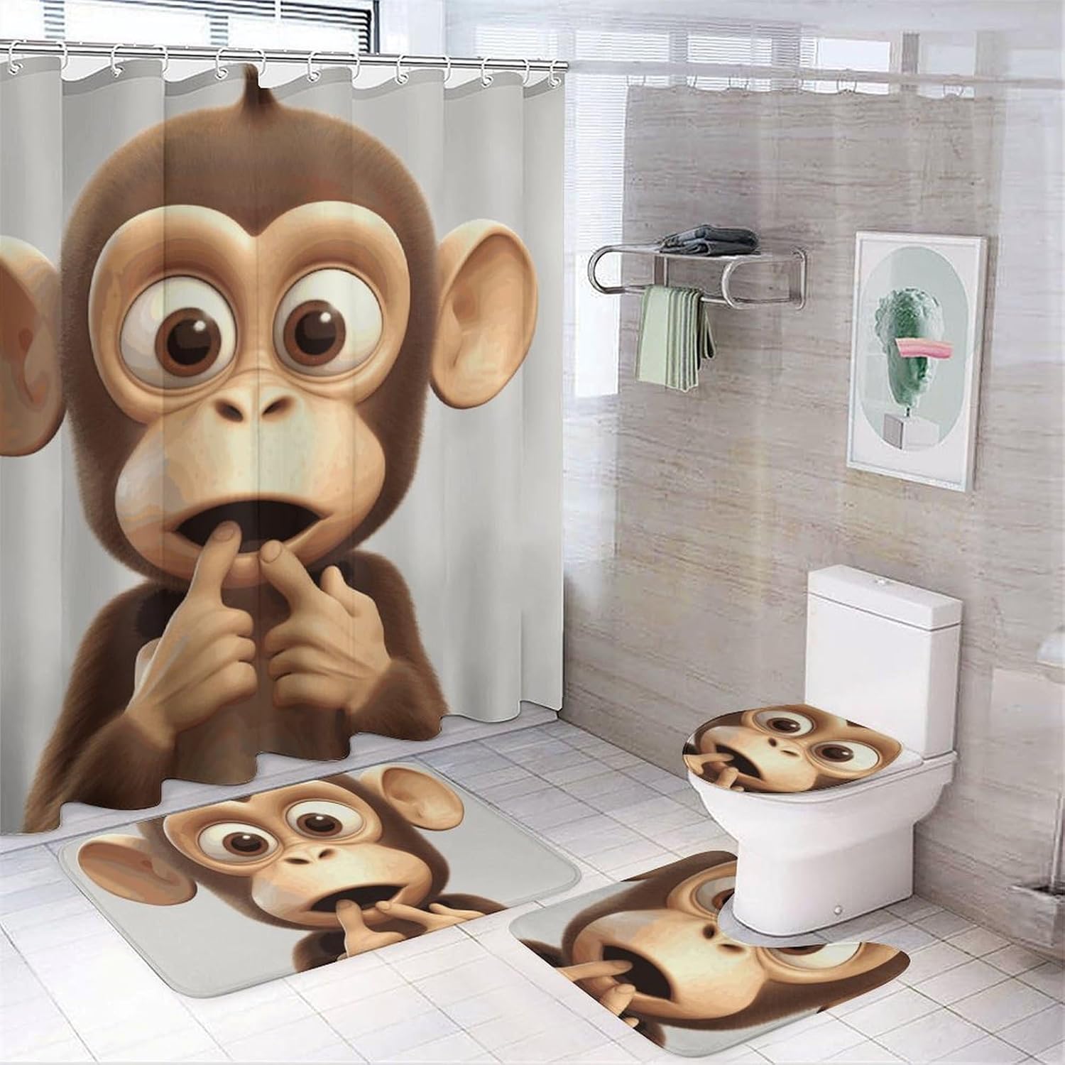 4 Piece Bathroom Rug Set with Shower Curtain, Non-Slip Bath Mat Toilet Cover Set, The Silent Monkey Bathroom Rug Sets