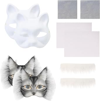 2set Therian Cat Mask Kit, Tiermaske mit realistischem Druck und Gummizug, Blank Foxcat Mask with Realistic and Eye Mesh,DIY Therian Maskmaking Kit,ideal für Tier Faschingskostüme zum Karneval