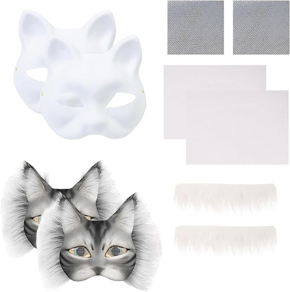 2set Therian Cat Mask Kit, Tiermaske mit realistischem Druck und Gummizug, Blank Foxcat Mask with Realistic and Eye Mesh,DIY Therian Maskmaking Kit,ideal für Tier Faschingskostüme zum Karneval