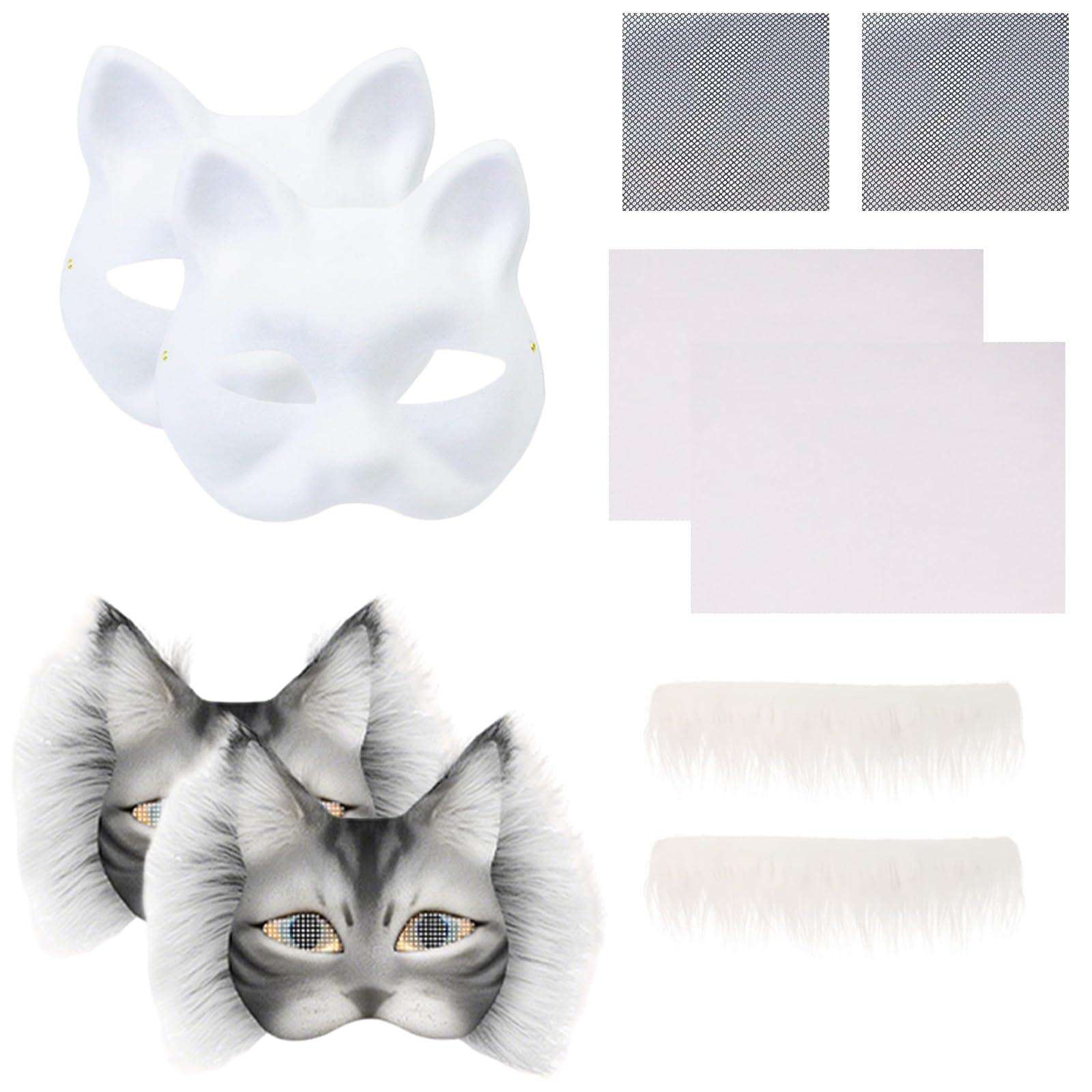 Cat Fox Therian Masks, Blank Cat Mask with Felt Furs and Eye Meshes, Costume Furry Masks to Paint, Animal Mask Arts Crafts Kit, Dress Up DIY for Halloween Christmas Cosplay Party Interaction (White)