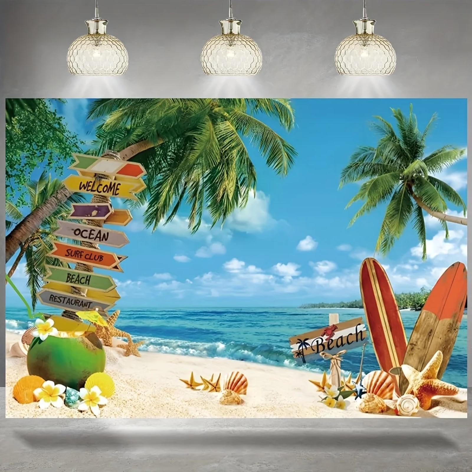 und Surfbrett mit Palmenfotografie Hintergrund geeignet für Geburtstage, Hochzeiten, Sommerfeste