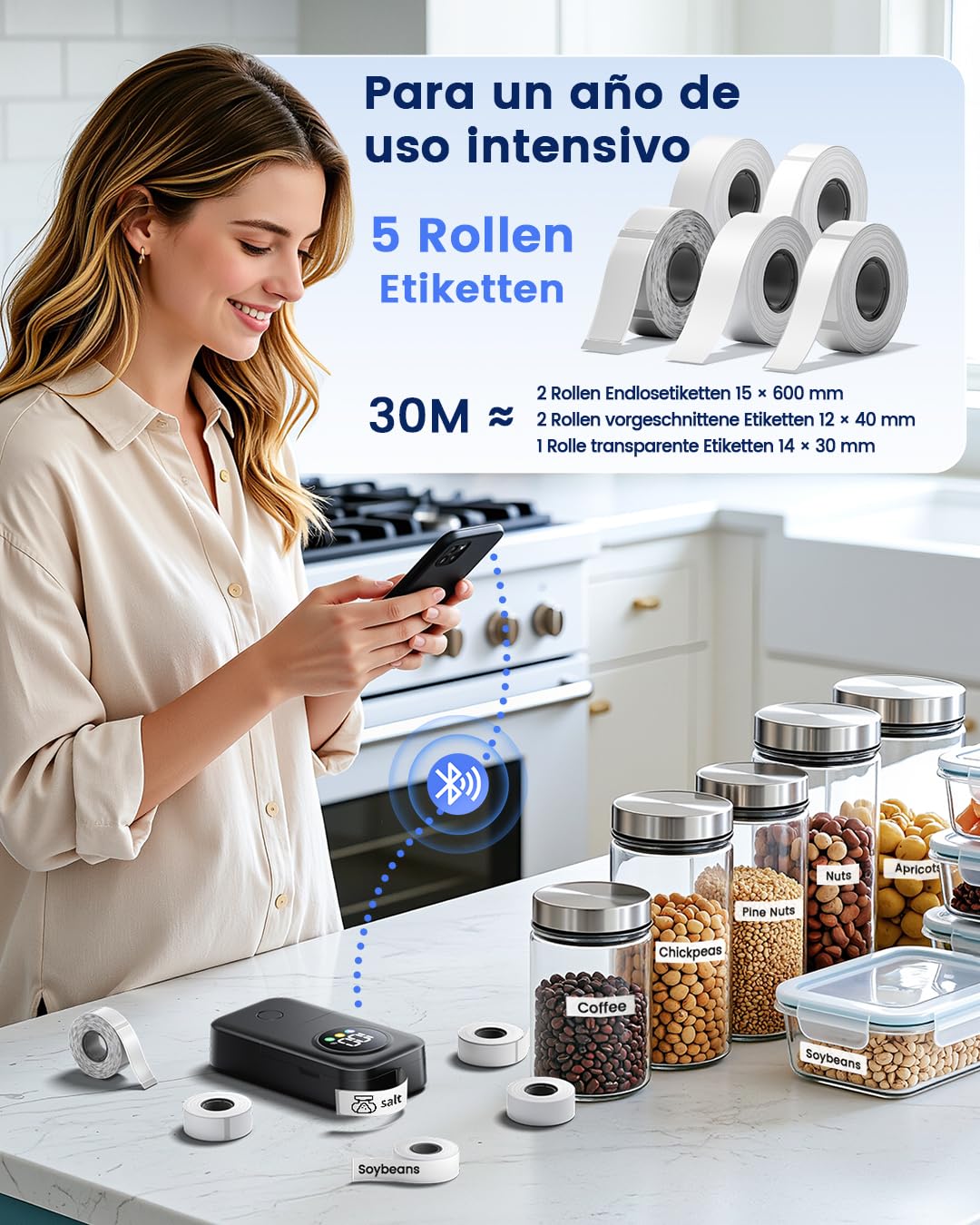 Phomemo Etikettendrucker mit 5 Etiketten, 2026 Upgraded D30D LED Smart Screen Bluetooth Etikettiergerät, Tragbarer Beschriftungsgerät selbstklebend Label Printer, Büro, Schule & Organisation – Schwarz