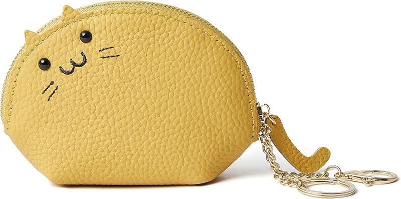 Small Leather Coin Purse for Women, Mini Cat Coin Pouch And Animal Zipper Card Holder Wallet With Keychain (3-Light Yellow)