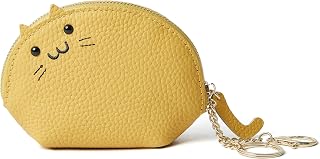 Small Leather Coin Purse for Women, Mini Cat Coin Pouch And Animal Zipper Card Holder Wallet With Keychain (3-Light Yellow)
