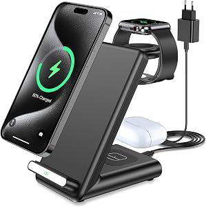Cargador Inalámbrico 3 en 1, Soporte de Carga Rápida para iPhone 17 16 Pro Max/15 14 13 12 11 Serie/17 Air/XS, Estación de Carga Inalámbrica para Apple Watch Ultra 11 10 9 8 7 6 SE 5 4 y Air Pods Pro