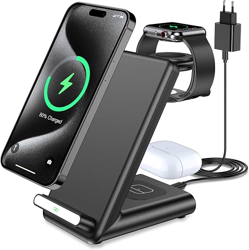 Cargador Inalámbrico 3 en 1, Soporte de Carga Rápida para iPhone 17 16 Pro Max/15 14 13 12 11 Serie/17 Air/XS, Estación de Carga Inalámbrica para Apple Watch Ultra 11 10 9 8 7 6 SE 5 4 y Air Pods Pro