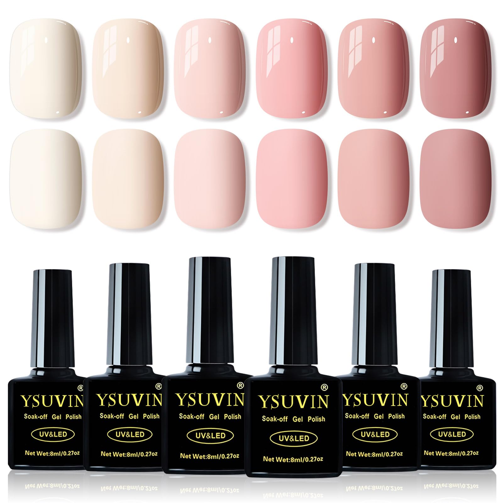YSUVIN UV Nagellack, 6 Farben Natur Weiß Nude Rosa Gel Nagellack Set Soak-Off UV Gel Nail Polish für Frauen Home DIY Nail Art Maniküre Salon, Langlebig, 8ML