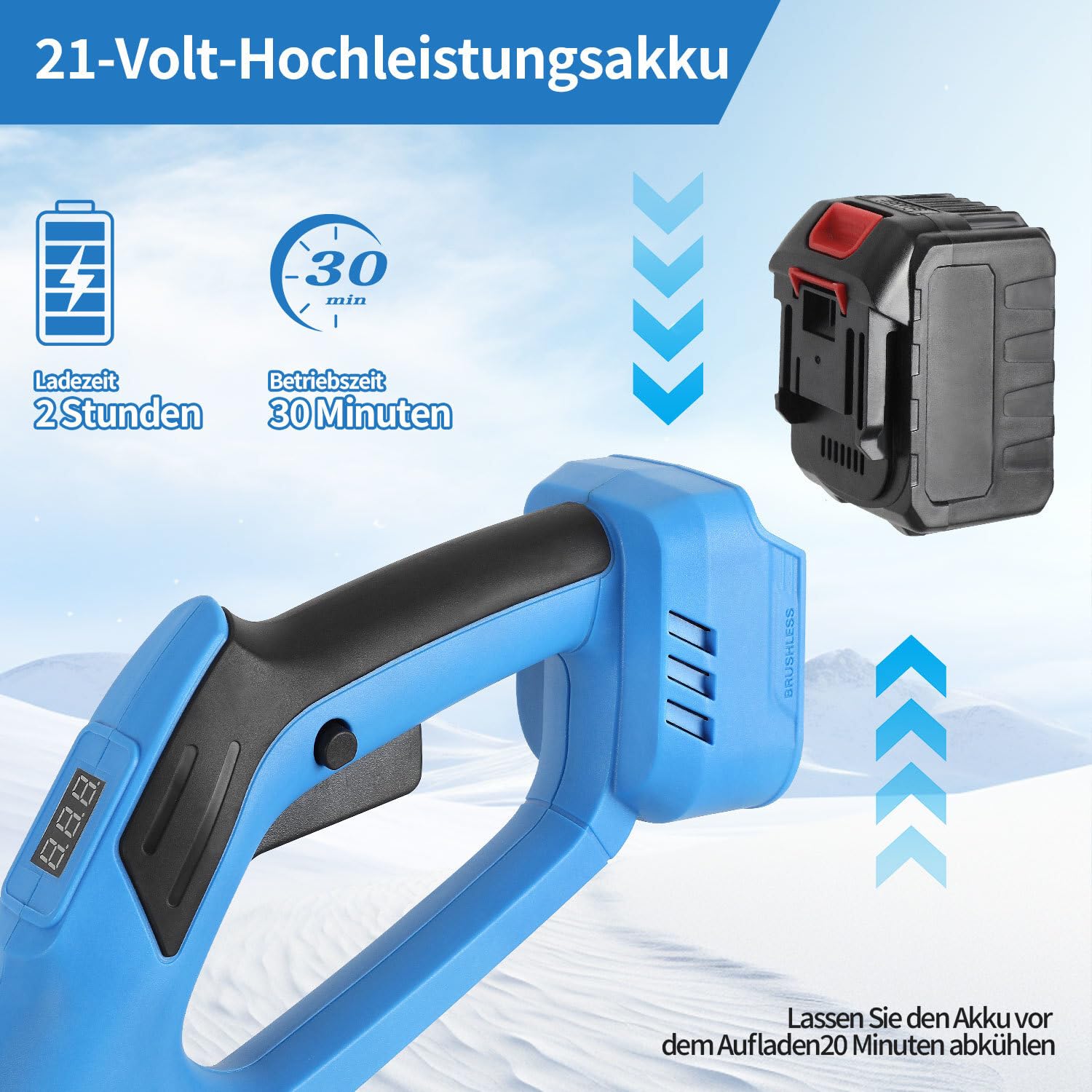 Akku-Schneefräse, 21V/1000W Elektrische Schneefräse mit 2×4500mAh Akkus & Ladegerät, 25cm Arbeitsbreite, 8m Wurfweite, Bürstenloser Motor, Leicht (3.6kg) für Gehweg & Terrasse