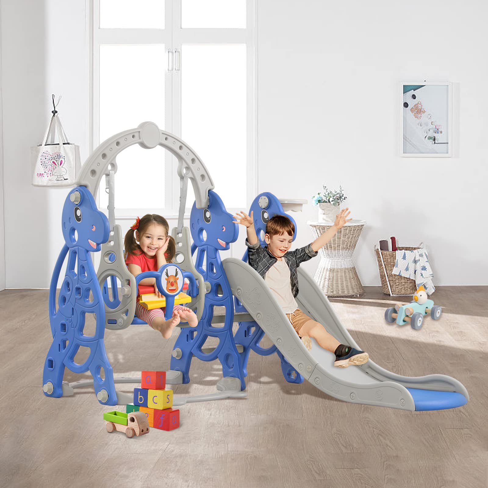 FIVMEN Scivolo per bambini, 4 in 1, set di scivoli per bambini, per interni ed esterni, con cestino da basket e sedia a dondolo, per massimo 50 kg a partire dai 1 ai 6 anni (tipo B, arco)