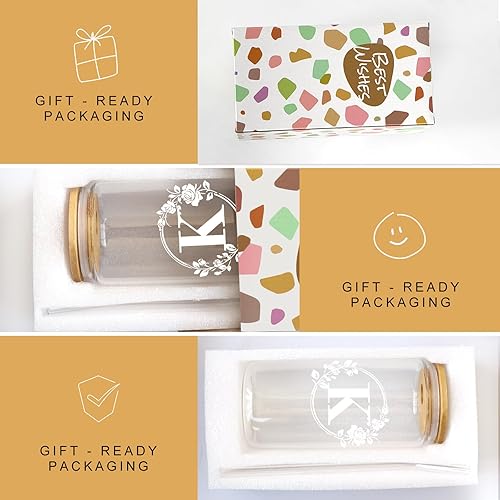 Miniatura 7 de Taza de vidrio inicial, regalos para mujeres, regalos de cumpleaños personalizados para mujeres, vasos de vidrio de 16 onzas con tapas y pajitas,
