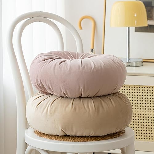 Miniatura 7 de Almohada redonda de terciopelo de color liso, almohada de piso de calabaza, decoración del hogar, cojín redondo plisado para sofá, silla, cama y