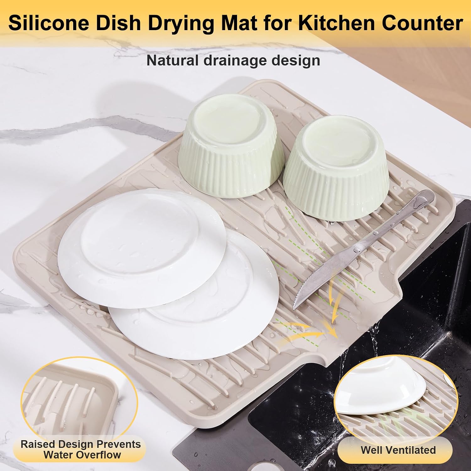 Silicone Dish Drying Mat for Kitchen Counter,Non-Slip Dish Drying Pad with Drain Lip,Heat Resistant Sink drying Mat for Dishes,Large Rubber dish drain mat dish rack mat (Cream,15.8"x13")