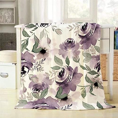 Mugod Manta floral vintage acuarela flores moradas sin costuras, decorativa, suave, cálida y acogedora, manta de franela de felpa para ropa de cama,