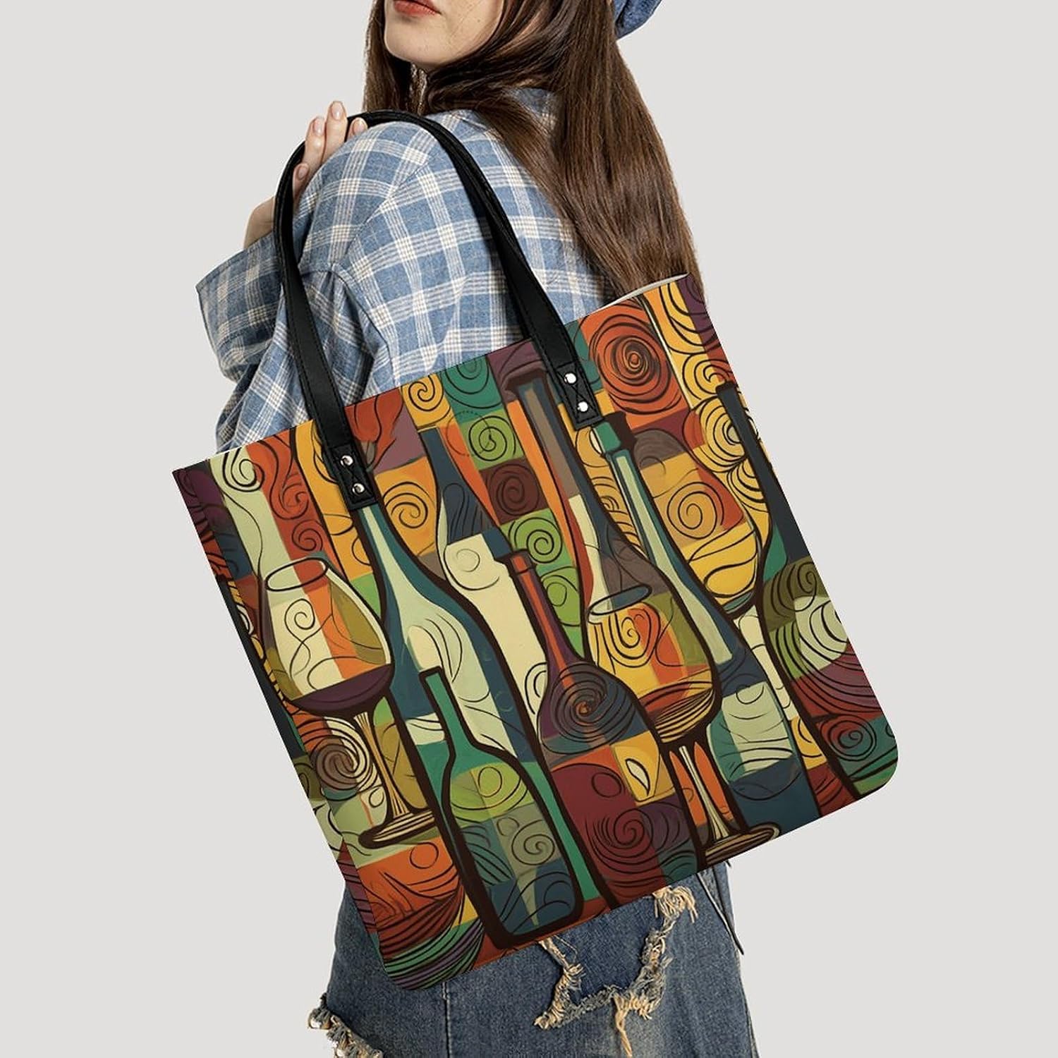Wine Bottle Art Tote Bag with Magnetic Buckle Reusable Grocery Bags Lightweight Cross Body Handbag for Daily Essentials