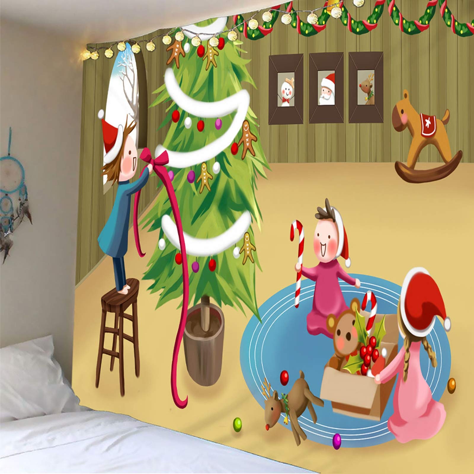 Arazzo da Parete Natalizio, Arazzi da Parete Albero di Natale e Persone Marrone Verde Arazzo Tappeto Parete, 200x200CM