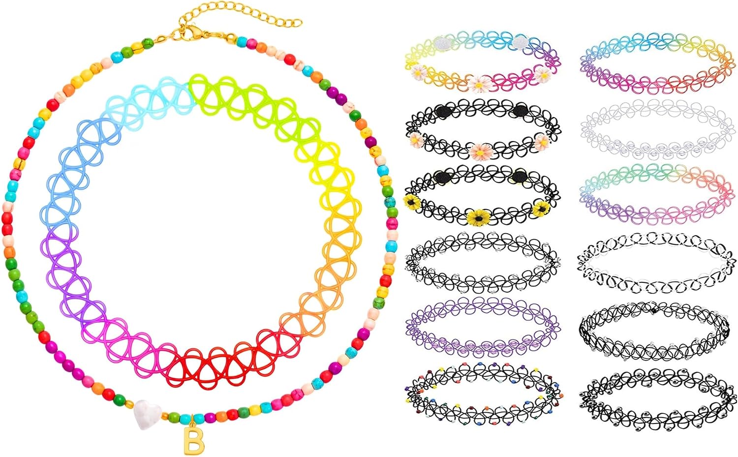 BodyJ4You 2PC Initial Choker Necklace for Kids + 12PC Tattoo Choker Set - Letter Pendant Beaded Collar and Retro Elastic Necklaces - Teen Girls Jewelry Children Jewelry - Y2K Summer Accessories Bundle