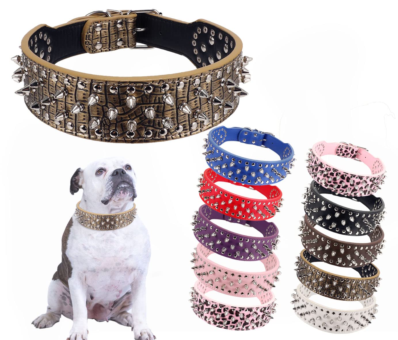 Hoot PU Leather Adjustable Spiked Studded Dog Collar 2" Wide 43 Spikes (L(Neck 21"-24"), Golden)